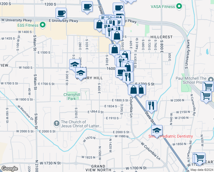 map of restaurants, bars, coffee shops, grocery stores, and more near 1743 Village Lane in Orem