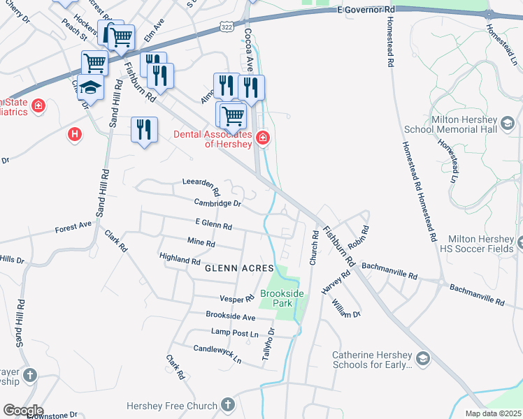 map of restaurants, bars, coffee shops, grocery stores, and more near 23 Cambridge Drive in Hershey