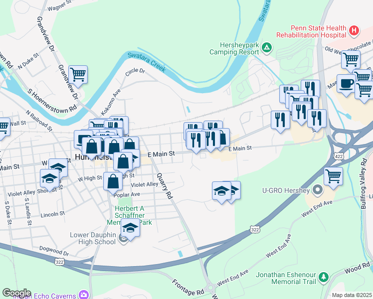 map of restaurants, bars, coffee shops, grocery stores, and more near 280 East Main Street in Hummelstown