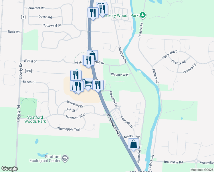 map of restaurants, bars, coffee shops, grocery stores, and more near 45 Stratford Drive in Delaware