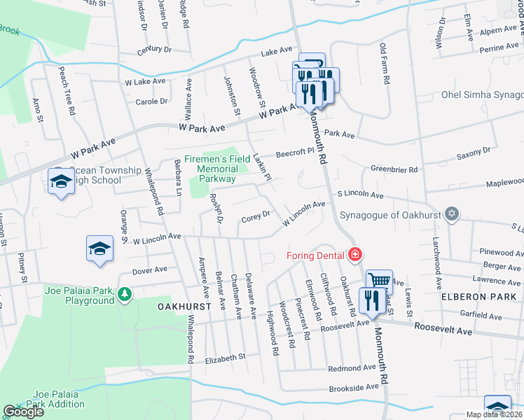 map of restaurants, bars, coffee shops, grocery stores, and more near 3 Corey Drive in Monmouth County