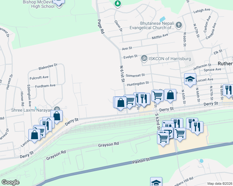 map of restaurants, bars, coffee shops, grocery stores, and more near 6001 Huntingdon Circle in Harrisburg