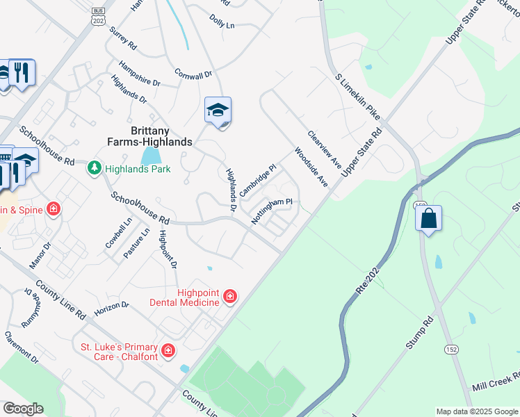 map of restaurants, bars, coffee shops, grocery stores, and more near 307 Nottingham Place in Chalfont