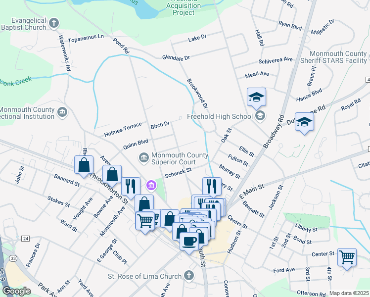 map of restaurants, bars, coffee shops, grocery stores, and more near 16 Edgewood Drive in Freehold Township