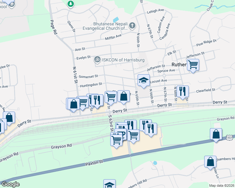 map of restaurants, bars, coffee shops, grocery stores, and more near 6331 Clearfield Street in Harrisburg