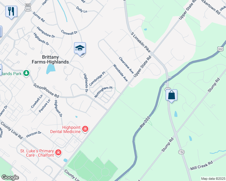 map of restaurants, bars, coffee shops, grocery stores, and more near 236 Cambridge Place in Chalfont