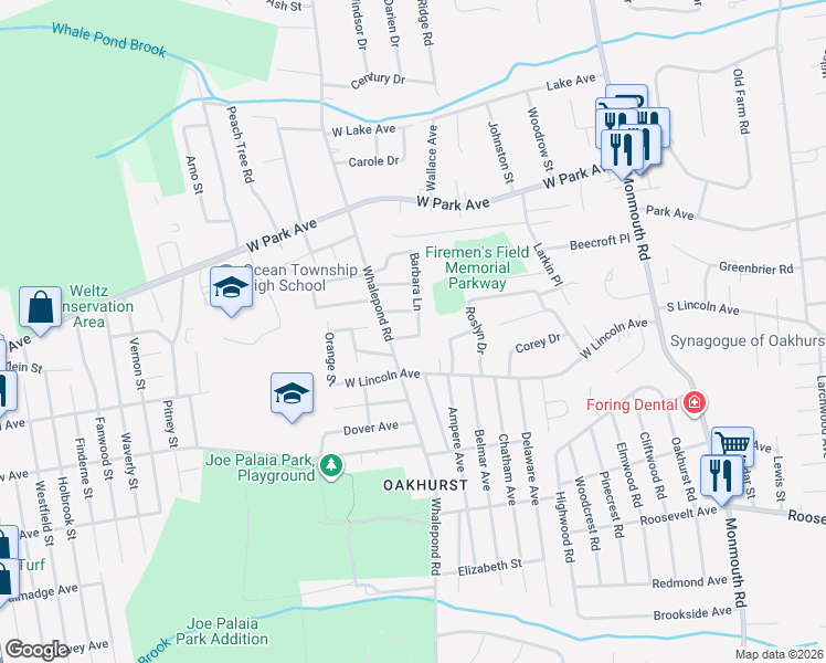 map of restaurants, bars, coffee shops, grocery stores, and more near 9 Barbara Lane in Ocean Township