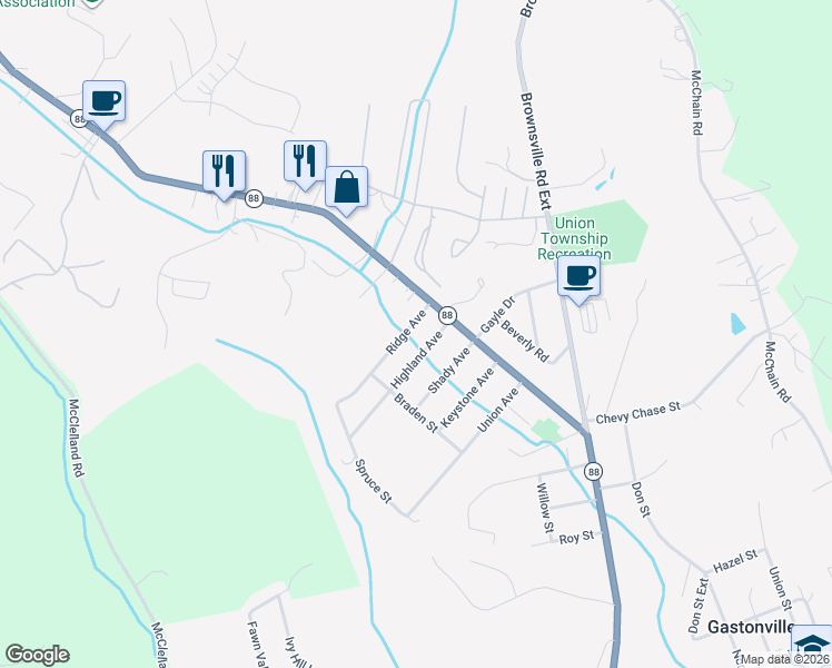 map of restaurants, bars, coffee shops, grocery stores, and more near 6807 Ridge Avenue in Finleyville