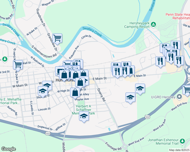 map of restaurants, bars, coffee shops, grocery stores, and more near 210 1/2 East Main Street in Hummelstown