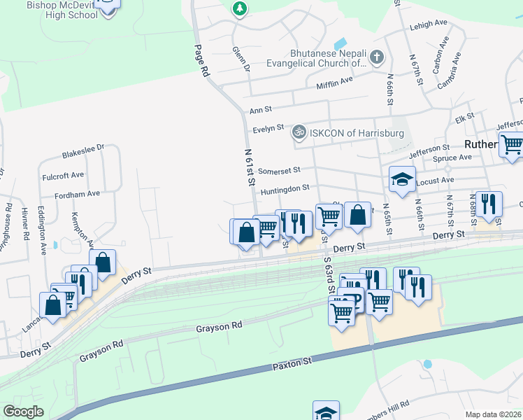 map of restaurants, bars, coffee shops, grocery stores, and more near 6104 Clearfield Street in Harrisburg