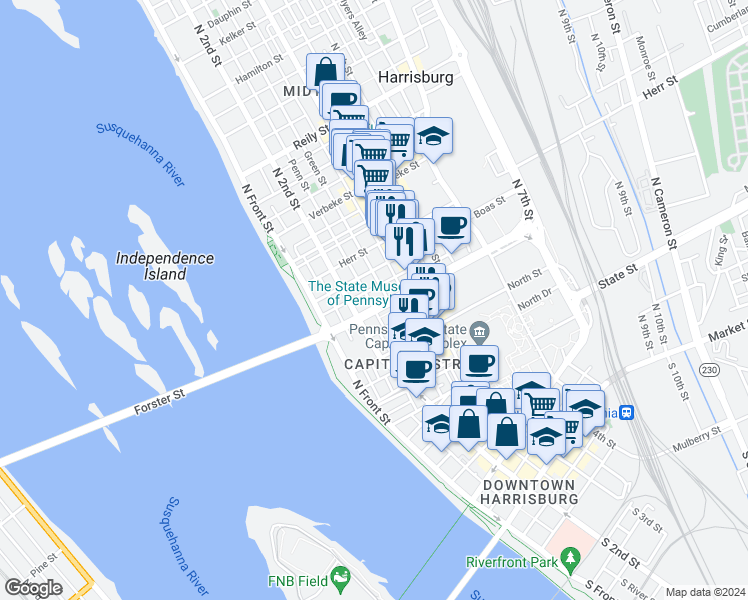 map of restaurants, bars, coffee shops, grocery stores, and more near 220 Forster Street in Harrisburg