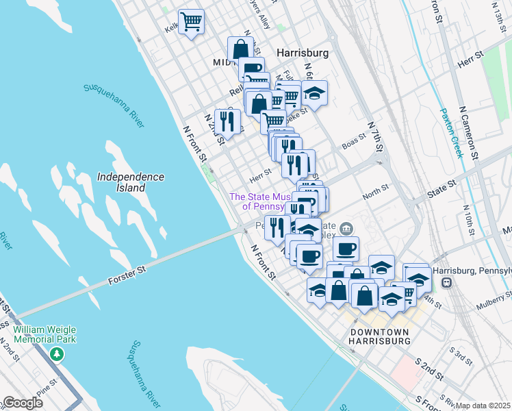 map of restaurants, bars, coffee shops, grocery stores, and more near 932 North 2nd Street in Harrisburg