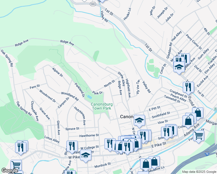 map of restaurants, bars, coffee shops, grocery stores, and more near 106 North Street in Canonsburg