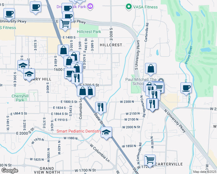 map of restaurants, bars, coffee shops, grocery stores, and more near 784 1700 South in Orem