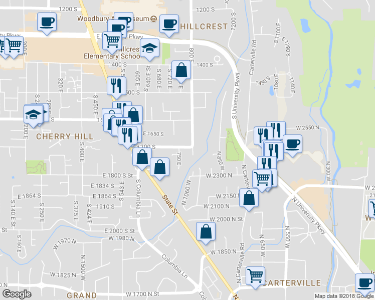 map of restaurants, bars, coffee shops, grocery stores, and more near 784 East 1700 South in Orem