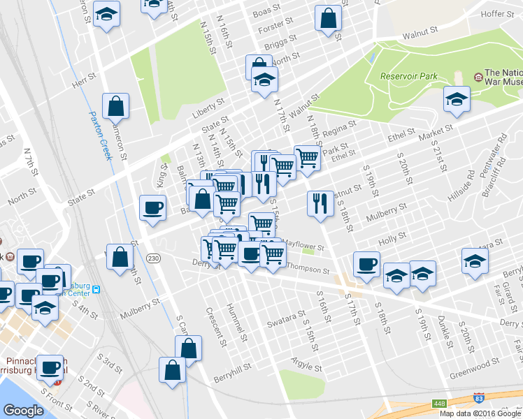 map of restaurants, bars, coffee shops, grocery stores, and more near 1445 Zarker Street in Harrisburg