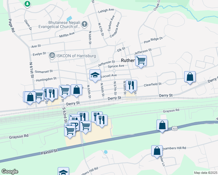 map of restaurants, bars, coffee shops, grocery stores, and more near 6640 Clearfield Street in Harrisburg