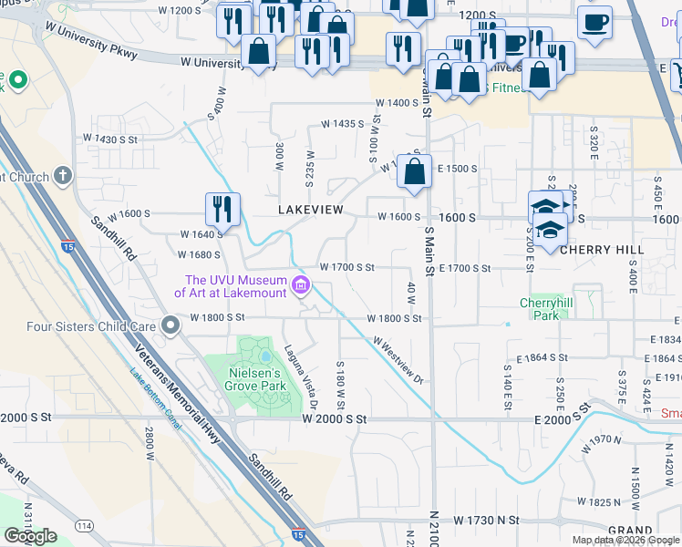 map of restaurants, bars, coffee shops, grocery stores, and more near 1710 South 165 West in Orem