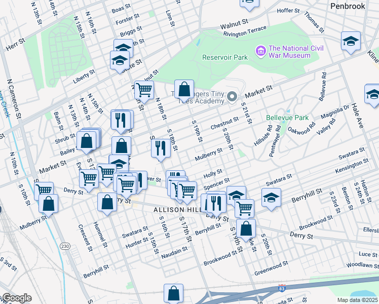 map of restaurants, bars, coffee shops, grocery stores, and more near 1831 Bellevue Rd in Harrisburg