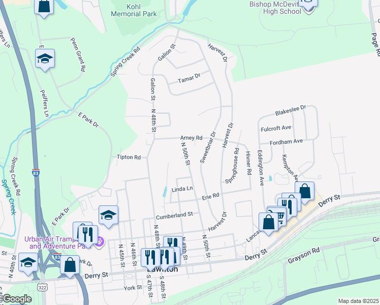 map of restaurants, bars, coffee shops, grocery stores, and more near 461 N 50th St in Harrisburg