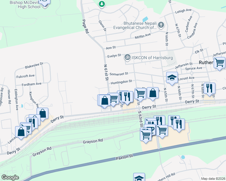 map of restaurants, bars, coffee shops, grocery stores, and more near 6104 Clearfield Street in Harrisburg