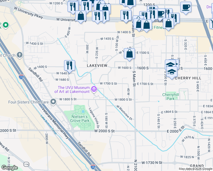 map of restaurants, bars, coffee shops, grocery stores, and more near 1710 South 165 West in Orem