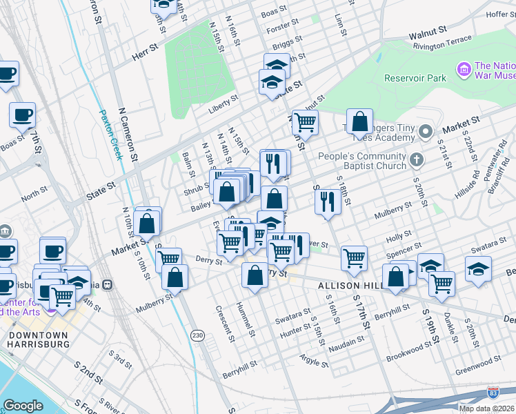 map of restaurants, bars, coffee shops, grocery stores, and more near 1445 Zarker Street in Harrisburg