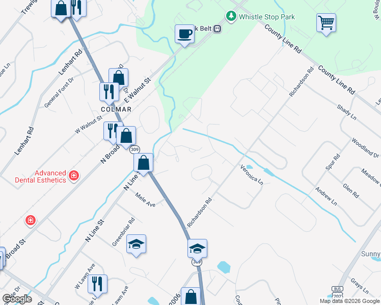 map of restaurants, bars, coffee shops, grocery stores, and more near 118 Briarwood Lane in Lansdale