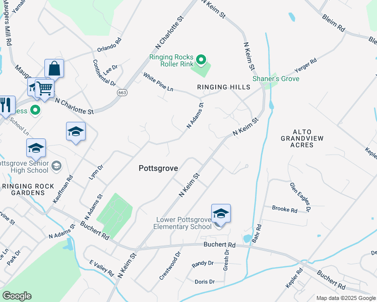 map of restaurants, bars, coffee shops, grocery stores, and more near 1605 North Valley Road in Pottstown
