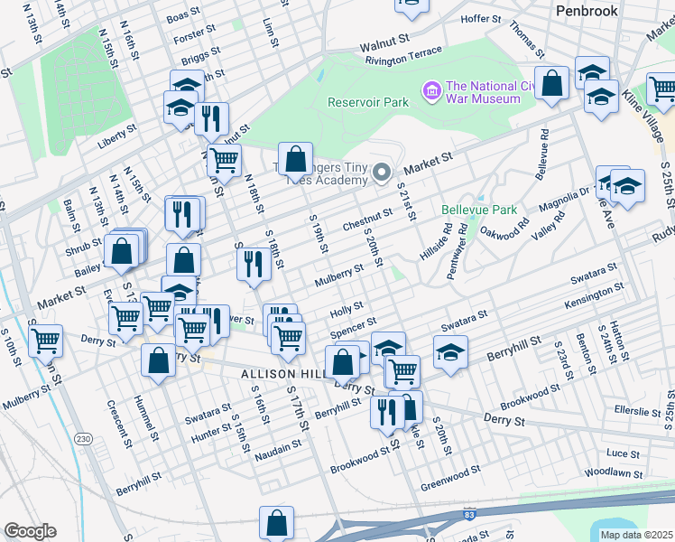 map of restaurants, bars, coffee shops, grocery stores, and more near 1902 Mulberry Street in Harrisburg