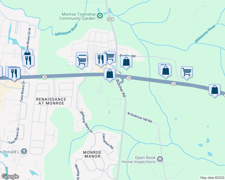 map of restaurants, bars, coffee shops, grocery stores, and more near 100 Prosperity Lane in Monroe Township