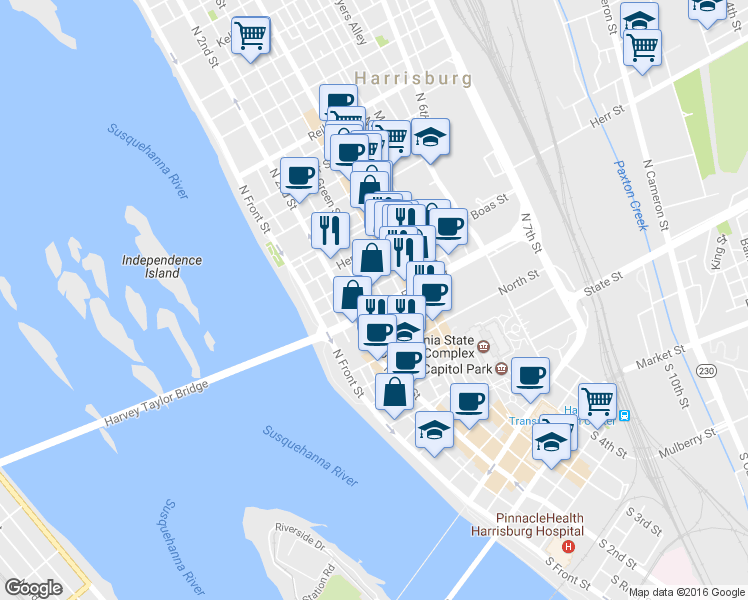 map of restaurants, bars, coffee shops, grocery stores, and more near 224 Forster Street in Harrisburg