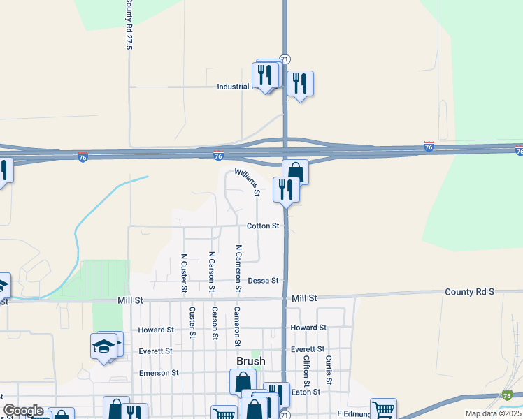 map of restaurants, bars, coffee shops, grocery stores, and more near 1021 Williams Street in Brush