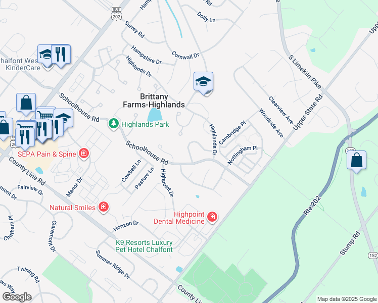 map of restaurants, bars, coffee shops, grocery stores, and more near 218 Prince William Way in Chalfont