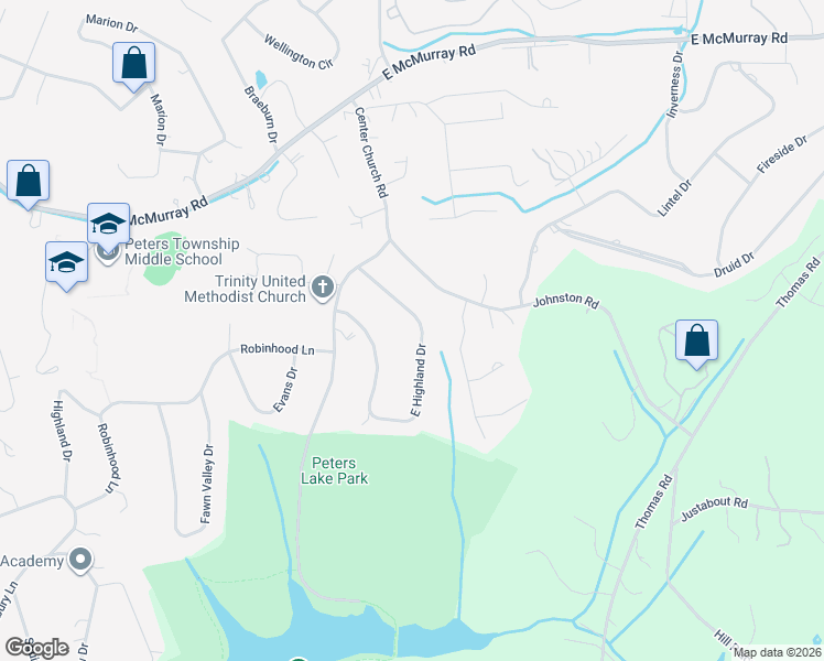 map of restaurants, bars, coffee shops, grocery stores, and more near 183 East Highland Drive in Canonsburg