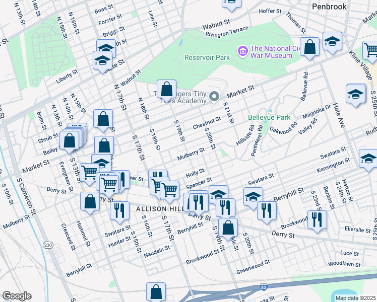 map of restaurants, bars, coffee shops, grocery stores, and more near 1900 Mulberry St in Harrisburg