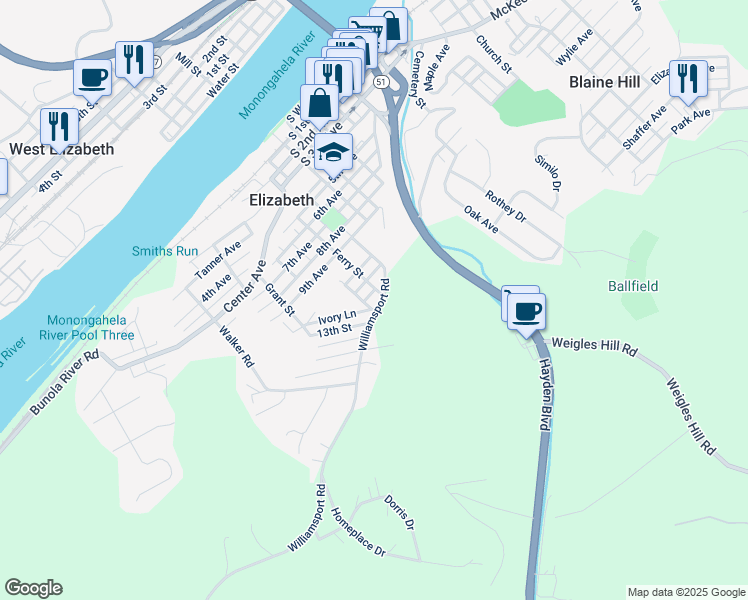 map of restaurants, bars, coffee shops, grocery stores, and more near 1210 Ferry Street in Elizabeth