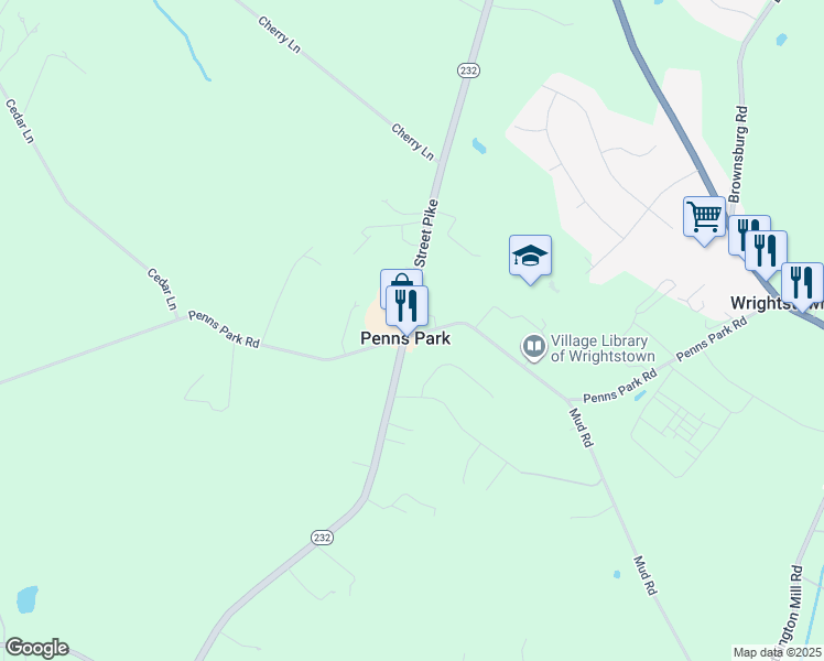 map of restaurants, bars, coffee shops, grocery stores, and more near 793 Penns Park Road in Newtown