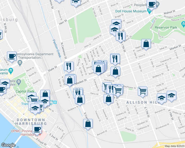 map of restaurants, bars, coffee shops, grocery stores, and more near 1245 Bailey Street in Harrisburg