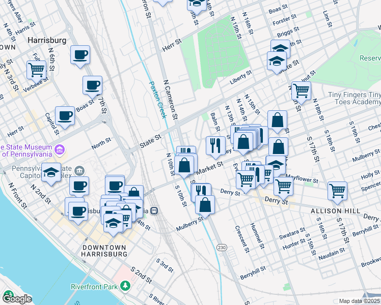 map of restaurants, bars, coffee shops, grocery stores, and more near 27 North Cameron Street in Harrisburg