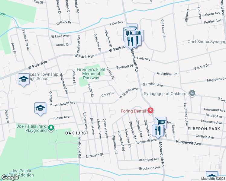 map of restaurants, bars, coffee shops, grocery stores, and more near 3 Corey Drive in Monmouth County
