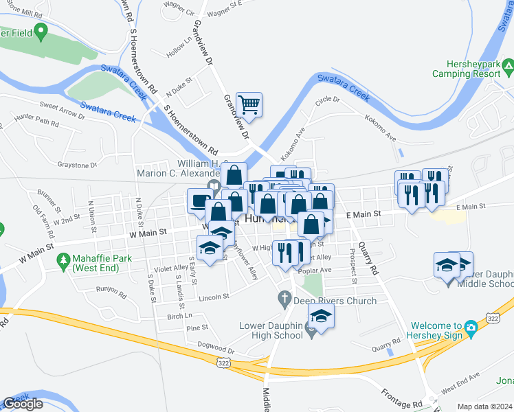 map of restaurants, bars, coffee shops, grocery stores, and more near 23 North Rosanna Street in Hummelstown