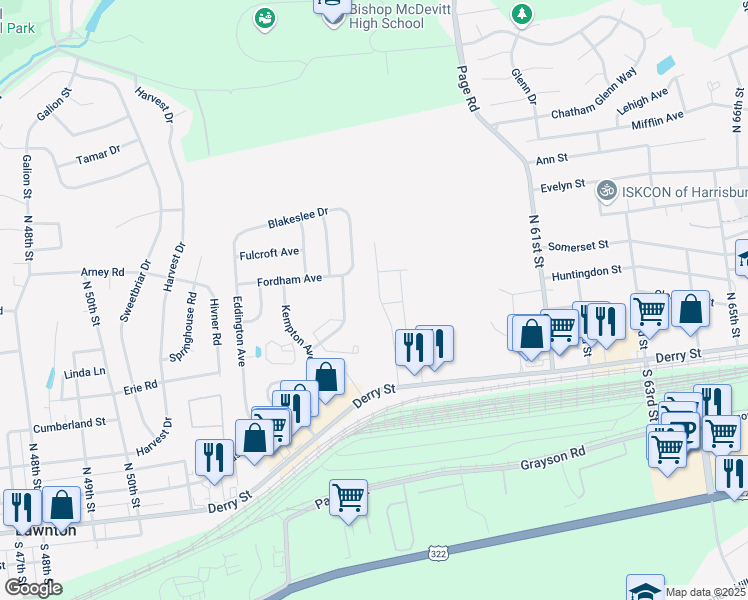 map of restaurants, bars, coffee shops, grocery stores, and more near 5786 Severna Place in Harrisburg