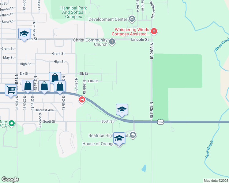 map of restaurants, bars, coffee shops, grocery stores, and more near 106 North 28th Street in Beatrice