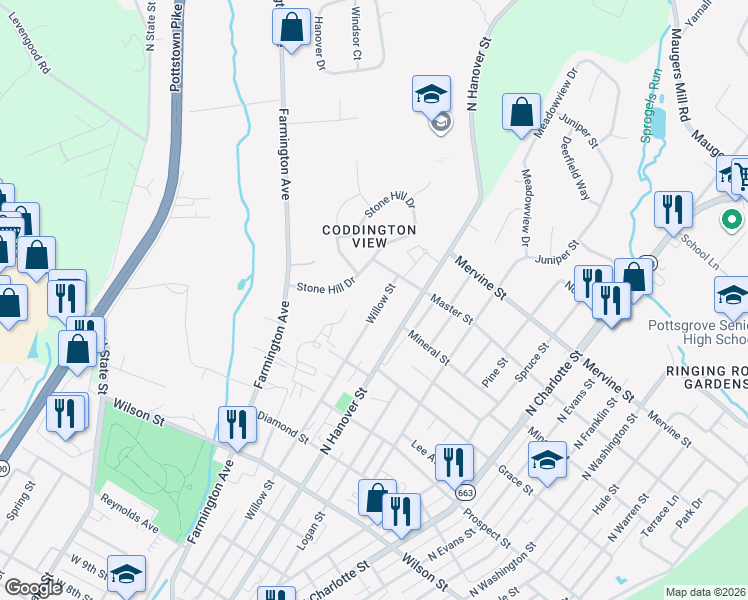 map of restaurants, bars, coffee shops, grocery stores, and more near 1037 Willow Street in Pottstown