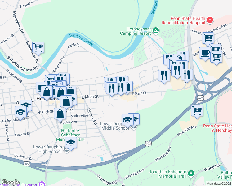 map of restaurants, bars, coffee shops, grocery stores, and more near 300 East Main Street in Hummelstown
