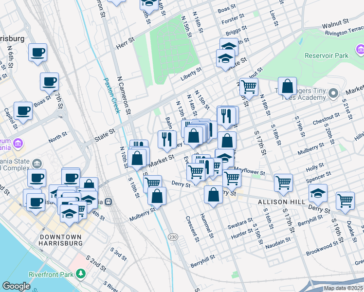 map of restaurants, bars, coffee shops, grocery stores, and more near 1245 Bailey Street in Harrisburg