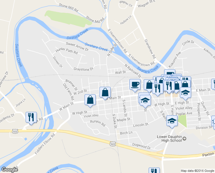 map of restaurants, bars, coffee shops, grocery stores, and more near 104 N Duke St in Hummelstown