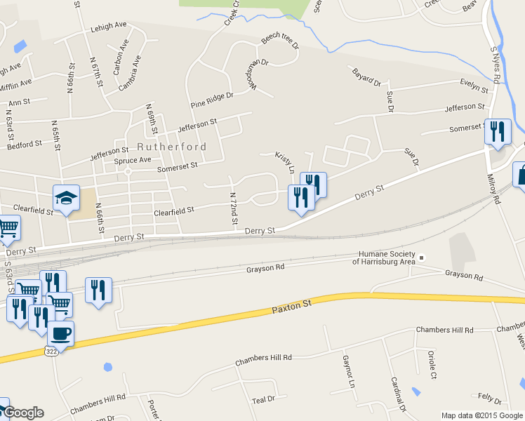 map of restaurants, bars, coffee shops, grocery stores, and more near 7239 Capital Drive in Harrisburg