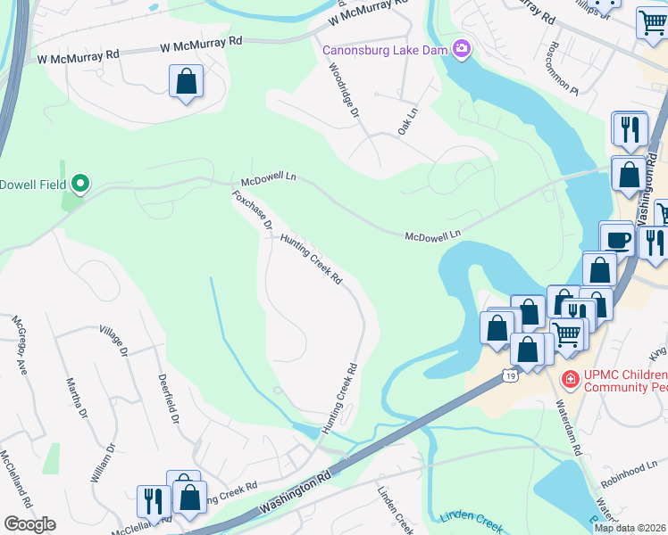 map of restaurants, bars, coffee shops, grocery stores, and more near 504 Hunting Creek Road in Canonsburg